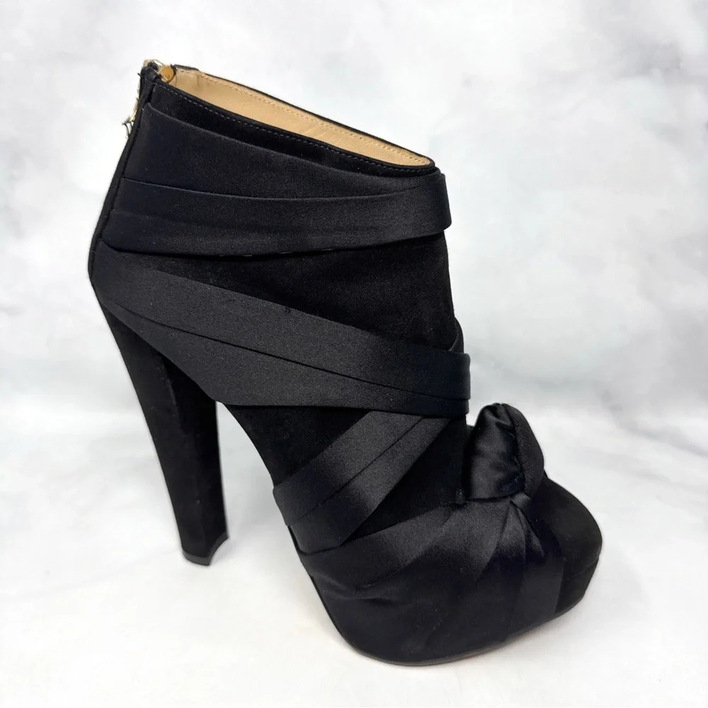 Charlotte Olympia Satin Wrap Turban Knot Suede Platform Block Heel Ankle Boot 37
